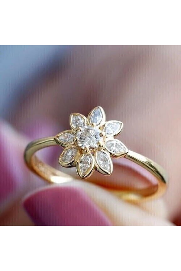 White Marquise Cut Diamond Flower Halo Engagement Ring 14k Yellow Gold Plated