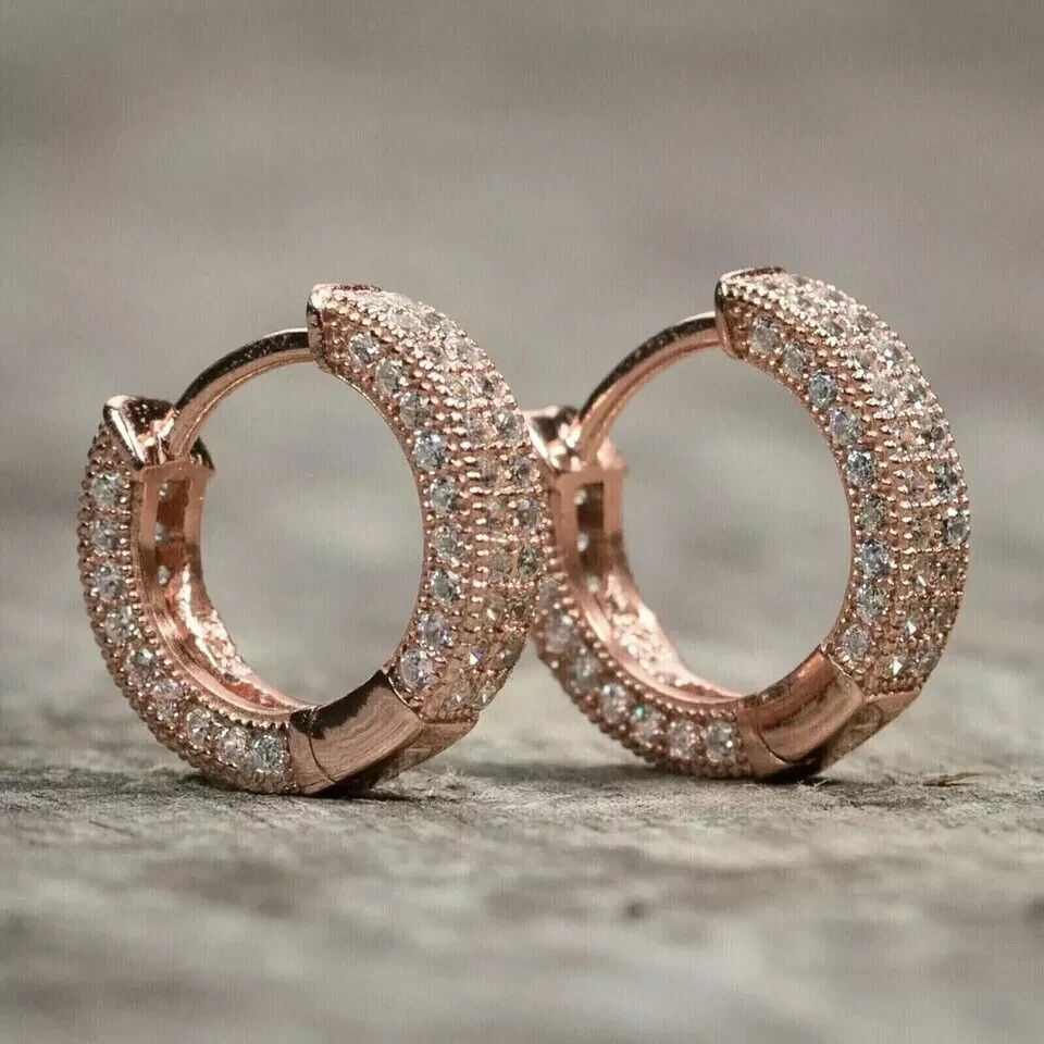 Sparkle Jewels White Round Cut Diamond Cluster Men's Hoop Earring 14K Rose Gold Plated Silver