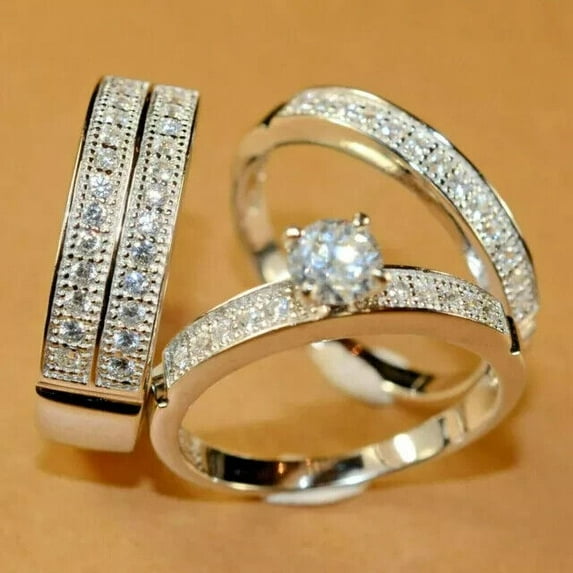 Sparkle Jewels White Round Cut Diamond Women's Wedding Trio Ring Set 14K White Gold Plated