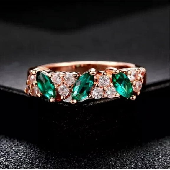 Sparkle Jewels Women Engagement Ring Marquise Cut Emerald 14K Rose Gold Plated Silver