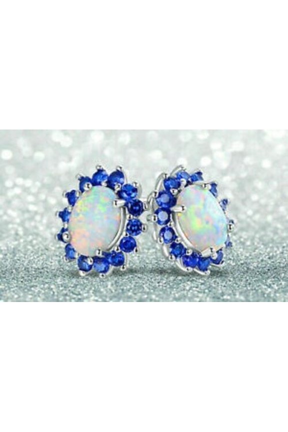 Women Oval Cut Fire Opal & Halo Sapphire 14k White Gold Plated Push Back Stud Earrings