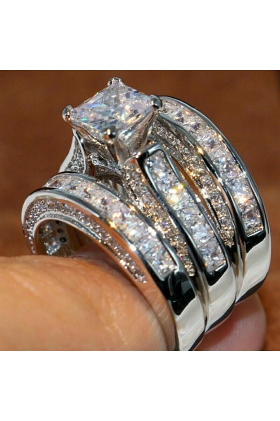Women's Bridal Wedding 3 Piece Ring Set 14K White Gold Finish Silver