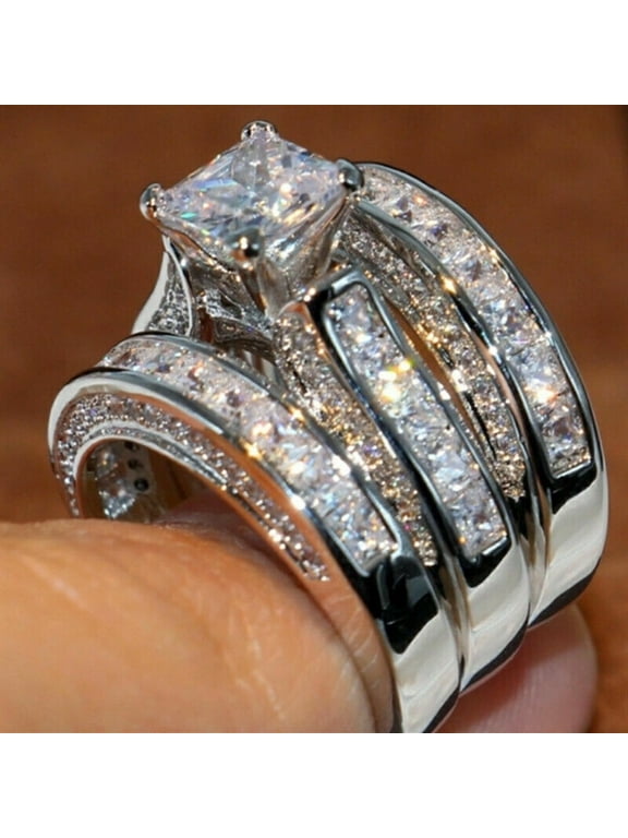 Women's Bridal Wedding 3 Piece Ring Set 14K White Gold Finish Silver