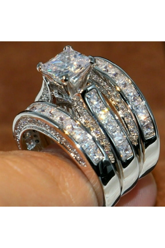 Women's Bridal Wedding 3 Piece Ring Set 14K White Gold Finish Silver