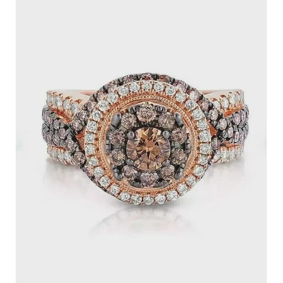 Sparkle Jewels Women's Brown Round CZ Halo Ring 14K Rose Gold Finish Silver Bridal Jewelry