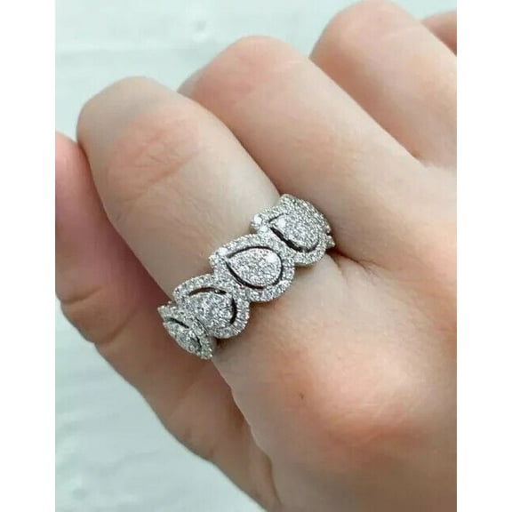 Sparkle Jewels Women's Halo Cluster Band Ring Pear Cut Diamond 14k White Gold Plated