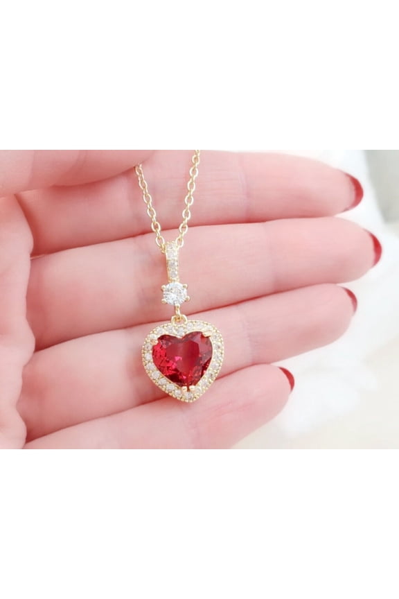 Women's Heart Cut Lab Created Ruby 14k Yellow Gold Plated Halo Pendant w/ Chain Silver