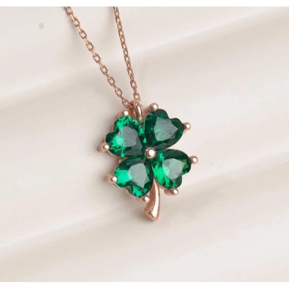 Sparkle Jewels Women's Heart Shape Green Cubic Zirconia Clover Flower Pendant Necklace 14K Rose Gold Plated