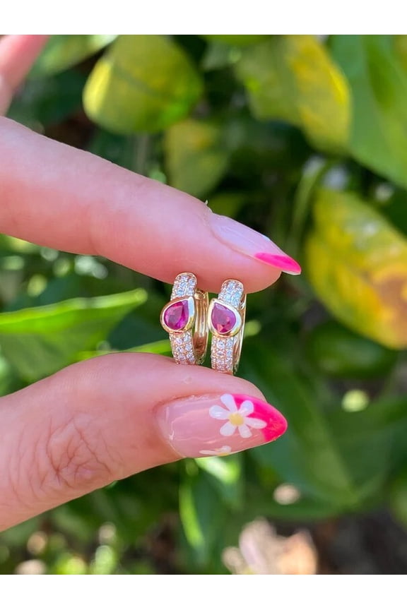 Women's Hoop Earring 2Ct Pear Cut Pink CZ 925 Sterling Silver