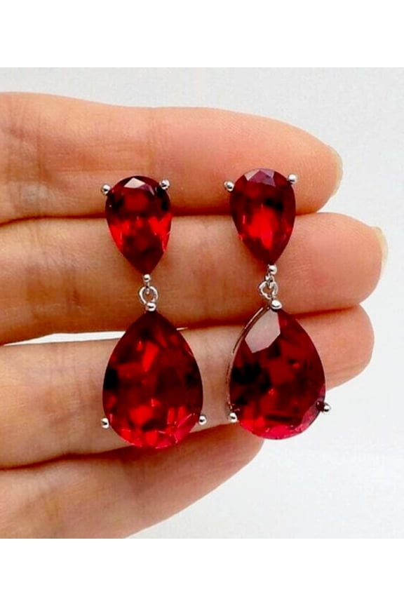 Women's Pear Cut Red Garnet Women's Drop Earrings 14K Yellow Gold Plated Silver