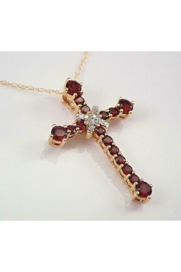 Women's Round Cut Lab Created Red Garnet Cross Pendant Chain 14K Yellow Gold Finish