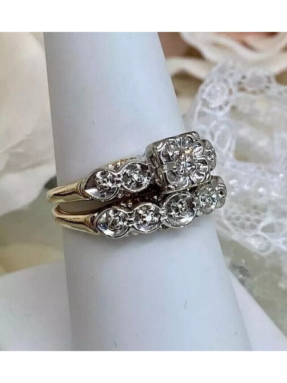 Sparkle Jewwls Women's Vintage Two Tone Wedding Engagement Bridal Ring Set 14K Gold Finish Silver