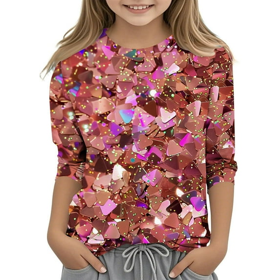 Sparkle Kids Shirt 3/4 Sleeve Tee Shirts Giltter Girl Shirt Quarter Sleeve T Shirt Cute Graphic Tees for Teen Girls Children Clothes