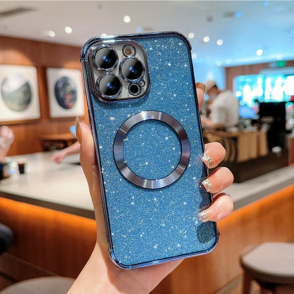 Sparkle Magnetic Case for iPhone 13 Pro Max, Electroplated Glitter Paper Cover Compatible with MagSafe Wireless Charging, Clear Rugged Shockproof Non-Yellowing Case,Blue