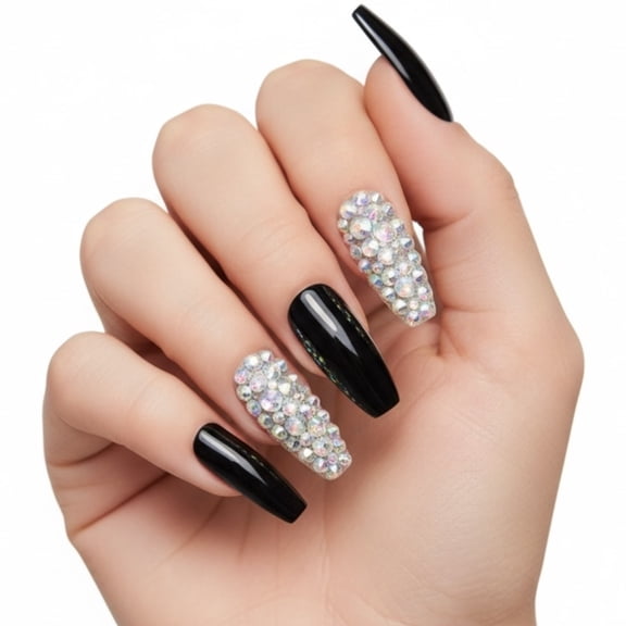 Black 3D Crystal Press On Nails, Extra Long Ballerina Rhinestones Fake Nails Set, Sparkle Night