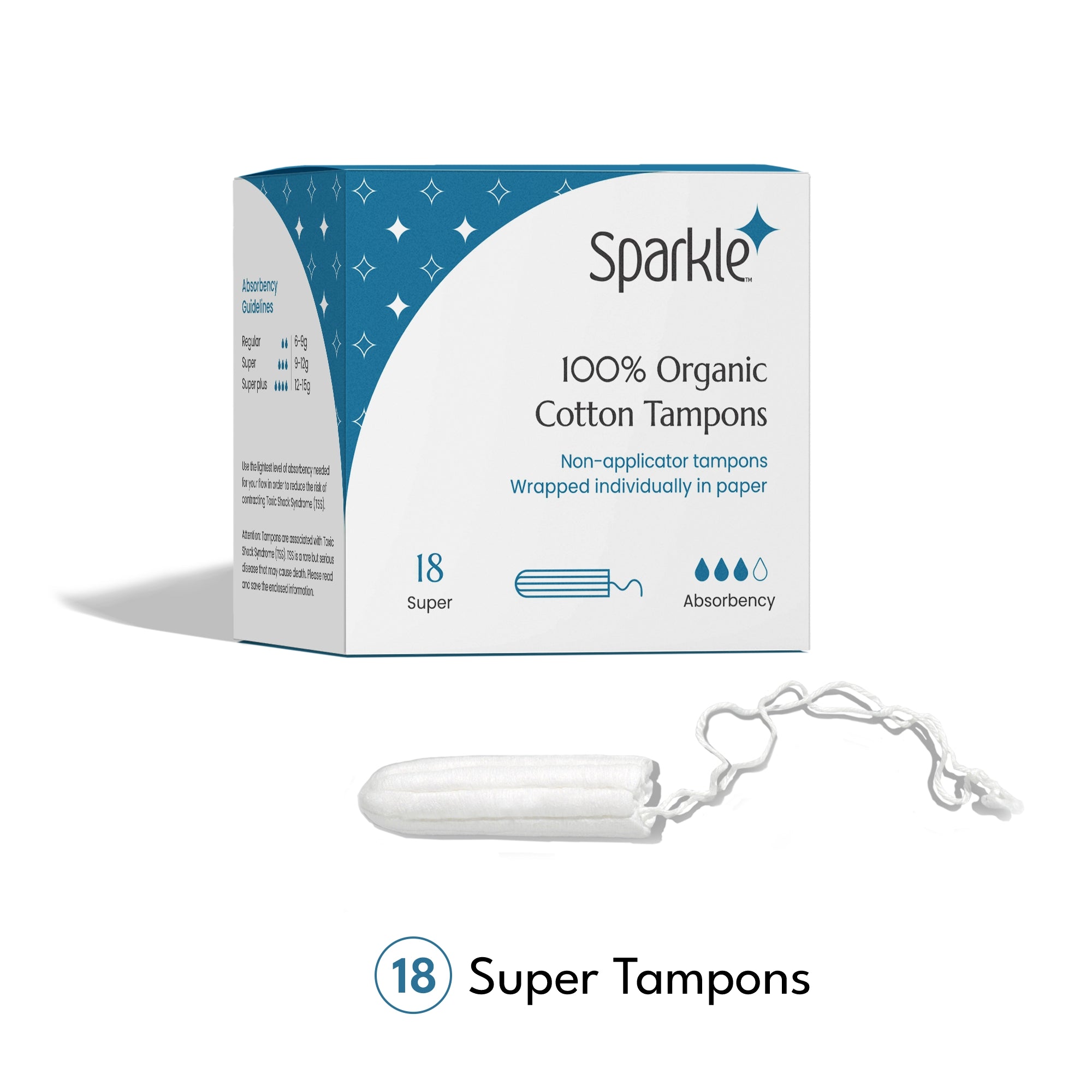 Sparkle Organic Cotton NonApplicator Tampons, Super, Individually