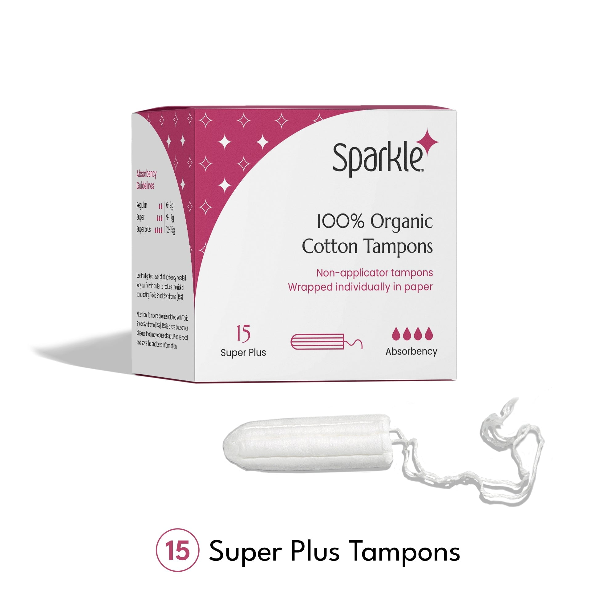 Sparkle Organic Cotton NonApplicator Tampons, Super Plus, Individually