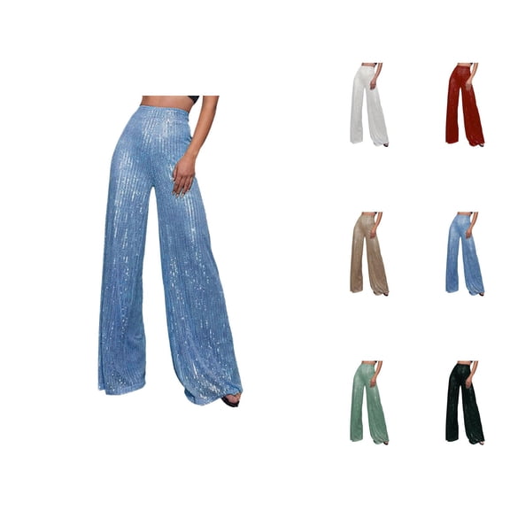 Sparkle Pants Women 2026 Trendy Sequin High Waisted Shiny Flowy Wide Leg Loose Rave Pants