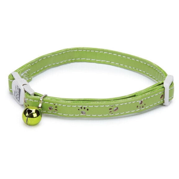 Sparkle Paw Print Cat Collars Faux Leather Design Jingle Bell Buckle 8" - 12" (Parrot Green)