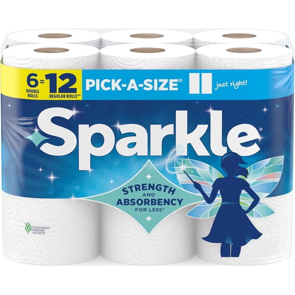 Sparkle Pick-A-Size Paper Towels, 6 Double Rolls (660 Sheets Total) - Strong 2-Ply Towels for Kitchen Cleanup and Everyday Messes