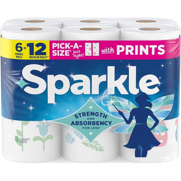 Sparkle Pick-A-Size Paper Towels, Spirited Print Design, 6 Double Rolls (660 Sheets Total) - Strong 2-Ply Towels for Kitchen Cleanup and Everyday Messes