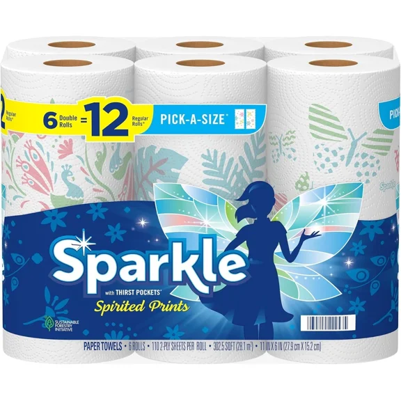 Sparkle Pick-A-Size Paper Towels Spirited Prints 6 Double Rolls = 12 Regular