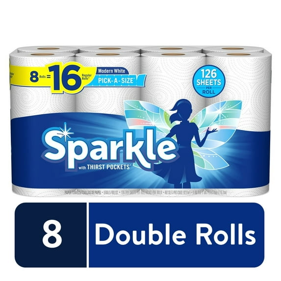 Sparkle Pick-A-Size Paper Towels, White, 8 Double Rolls = 16 Regular Rolls, 126 2-Ply Sheets Per Roll