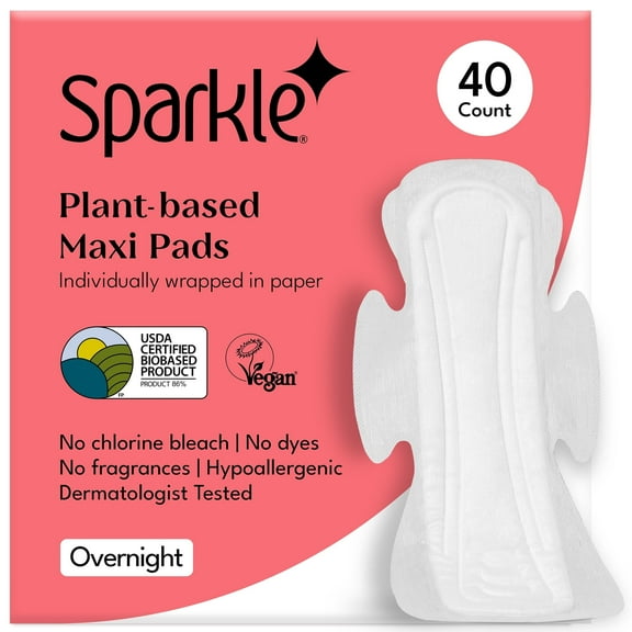 Sparkle Pads for Women, Plant-Based Maxi Pads for Sensitive Skin, Feminine Care, Sanitary Napkins, Organic Pads Super Soft & Leak-Proof - with Wings, Heavy Absorbency, Unscented (Overnight, 40 Count)