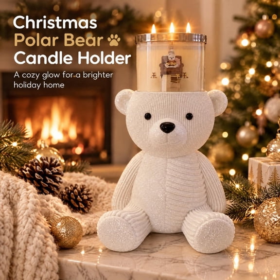 Sparkle Polar Bear Candle Holder, Holiday Bear Pedestal Candle Stand, Glittery Winter Christmas Tabletop Decor, 10", By Hotyverty