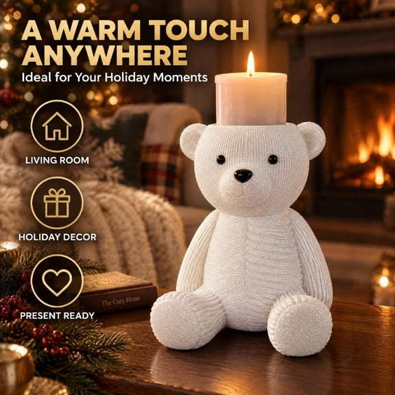 Sparkle Polar Bear Candle Holder, Holiday Bear Pedestal Candle Stand, Glittery Winter Christmas Tabletop Decor Gift