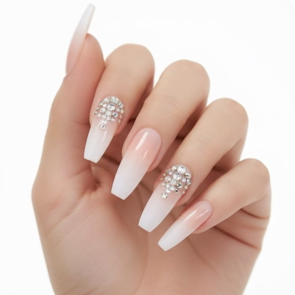 Nude Ombre French 3D Crystal Press On Nails, Extra Long Coffin Fake Nails Set, Sparkle Pop