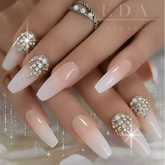 Nude Ombre French 3D Crystal Press On Nails, Extra Long Coffin Fake Nails Set, Sparkle Pop