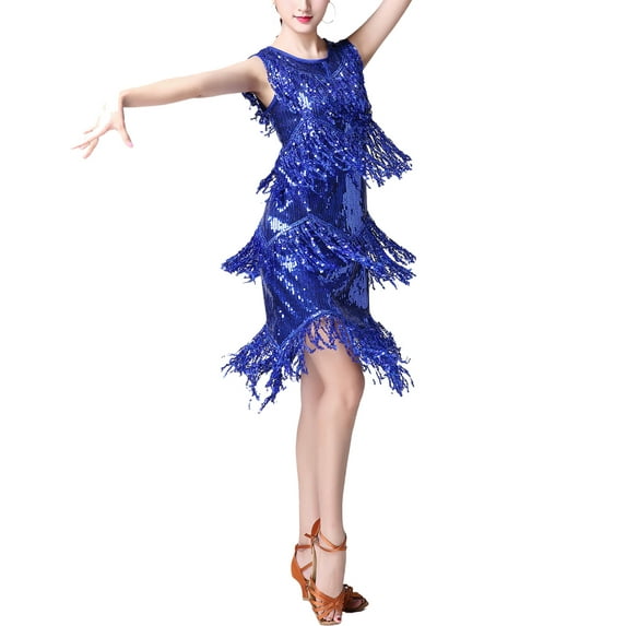 Sparkle Retro Fringe Sequin Vintage Dance Performance Event Outfit Dress Blue