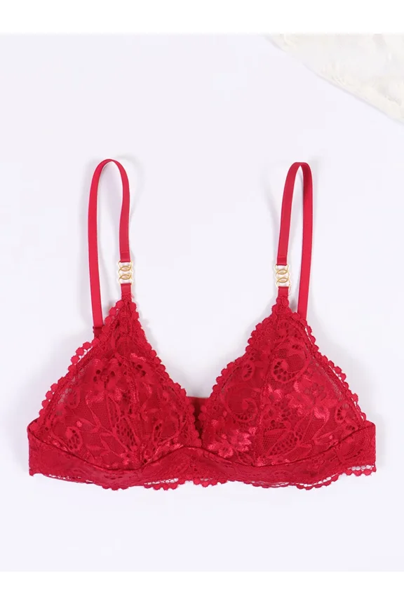 Sparkle Rhinestone Chain Strap Red Lace Bralette, Ladies Unlined Wireless Triangle Cup Soft Sheer Floral Lace Everyday Lingerie Bra
