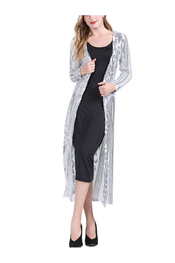 Sparkle Sequin Embellishment Sheer Kimono Open Wrap Coverups Cardigans Wear White/Silver