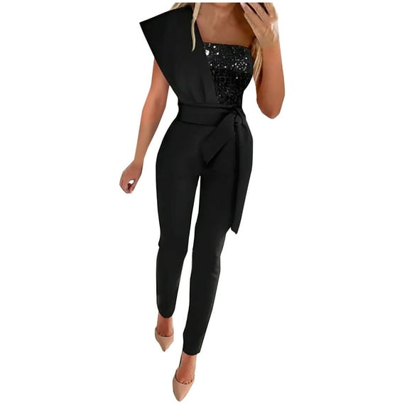 Sparkle Sequin Jumpsuit for Womens Sexy Backless Rompers Female Sleeveless Solid Color Zipper Belt Overalls Ladies Trendy Slim Fitted Bandage Playsuit