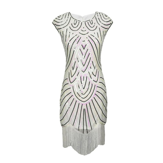 Sparkle Sequin Roaring 20s Gatsby Themed Party Bridesmaid Prom Cocktail Dresses White