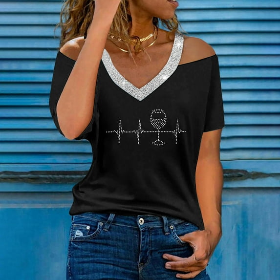 Sparkle Sequin Tops For Womens Off The Shoulder Shirts V Neck Short Sleeve Blouse Rhinestone Heart Shape Print Tees