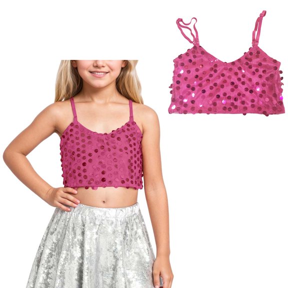 Sparkle Sequins Tank Tops for Girls Sleeveless Spaghetti Shoulder Straps Camisole for Girls Cheer Jazz Performance