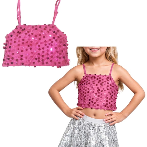 Sparkle Sequins Tank Tops for Girls Sleeveless Spaghetti Shoulder Straps Crop Cami Camisole for Girls Belly Hop Jazz Stage Performance