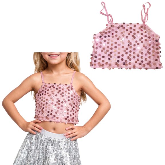 Sparkle Sequins Tank Tops for Girls Sleeveless Spaghetti Shoulder Straps Girls Cami Tank Tops Ballet Latin Jazz Stage Performance