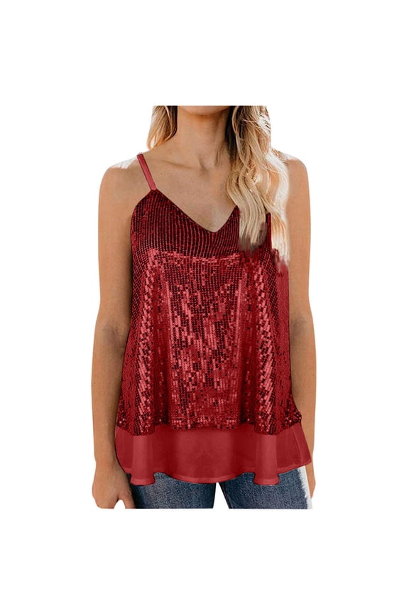 Sparkle Shimmer Sleeveless Tanks Top for Women's Camisole Shirts Sequin Tank Tops Ladies Loose Fit V-Neck Crop Vest