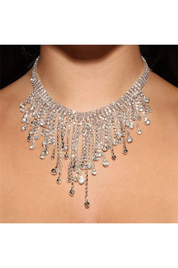 Sparkle Silver Full Tennis Rhinestone Fringe Chain Adjustable Collar Luxury Tassel Crystal Statement Clavicle Choker Necklace for Wedding Women