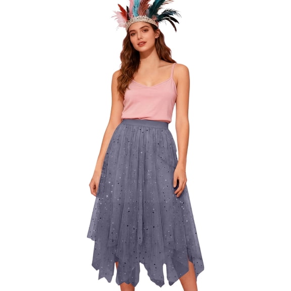 Sparkle Skirt for Women Glitter Mesh Tiered Midi Skirt with Elegant Irregular Hem and Sheer Layers Grey One Size