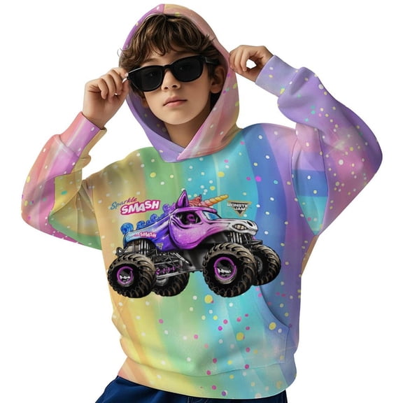 Sparkle Smash Trucks Youth Hooded Graphic Pullover Hoodies Long Sleeves Sweatshirt Teen