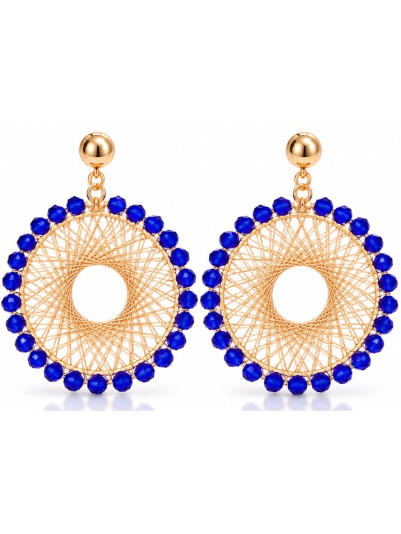 Blue Crystal Statement Earrings for Women, Gold Tone Geometric Wire Wrapped Round Drop Earrings