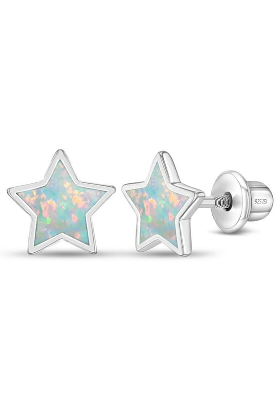 Sparkle Star White Opal Kids / Childrens Earrings Screw Back - Sterling Silver