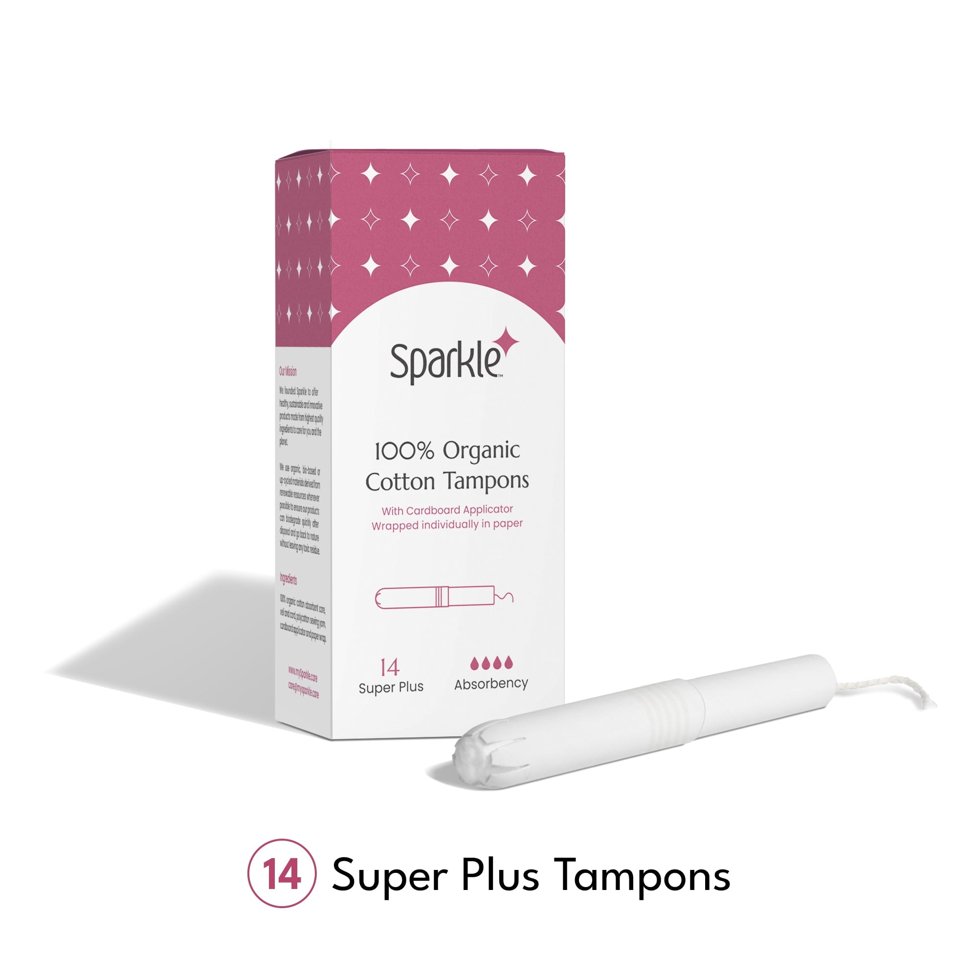 Sparkle Super Plus Tampons with Cardboard Applicator, Organic Cotton, Individually Wrapped In
