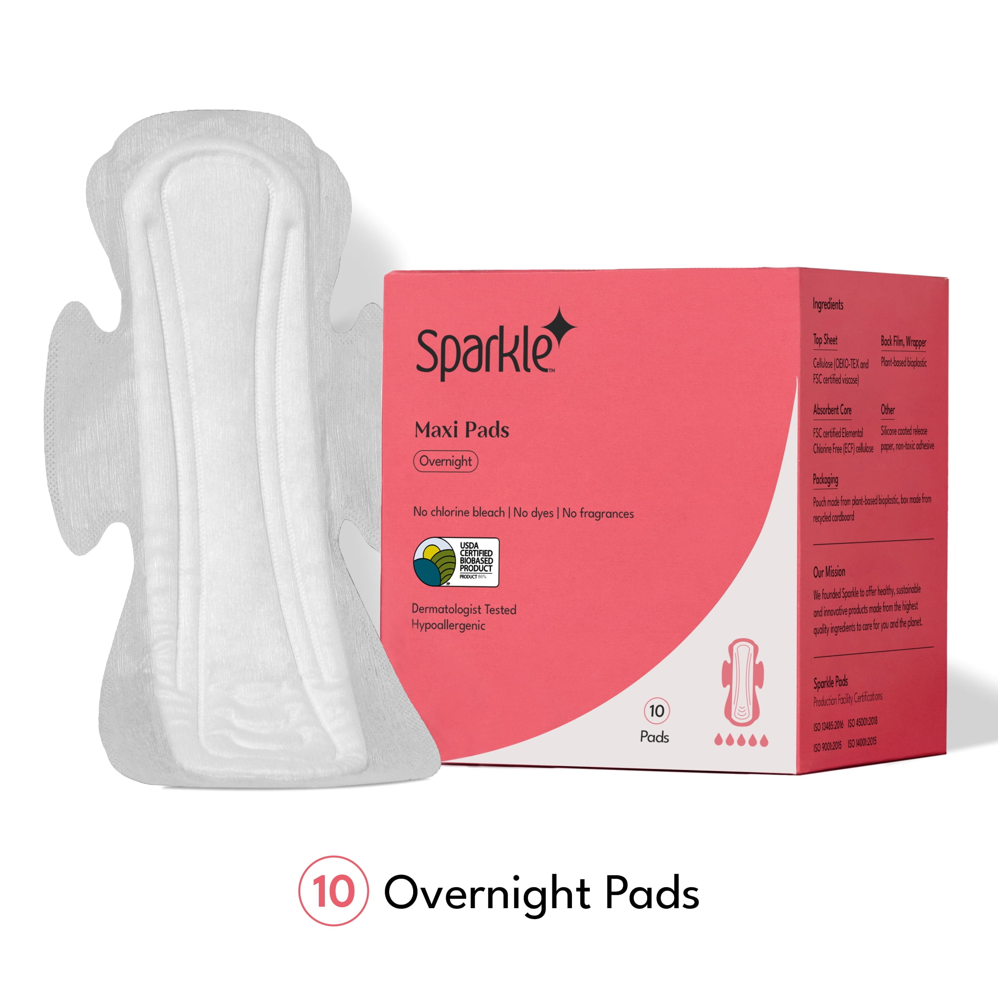 Sparkle Super-Soft Maxi Pads, Plant-Based Ingredients, USDA Certified  Biobased, Unscented, Chlorine Free, Superior Absorbency (Overnight, 10  Count) 