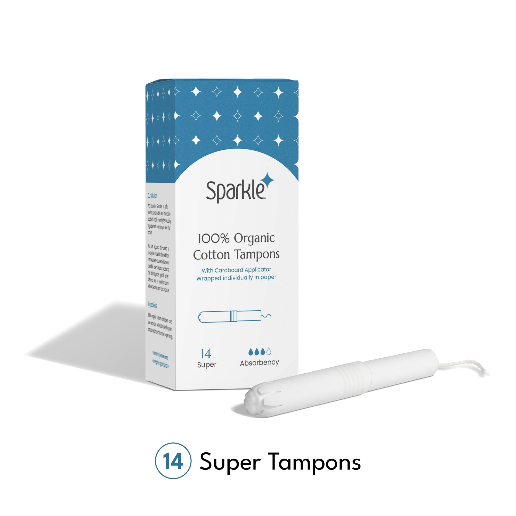 Sparkle Super Tampons with Cardboard Applicator, Organic Cotton, Individually Wrapped In Paper